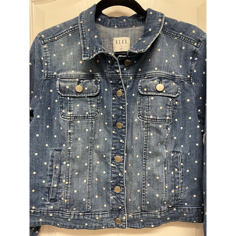 ELLE Polka Dot Cotton Denim Jacket Womens XL Blue White Stretch Jean Trucker - Picture 4 of 11